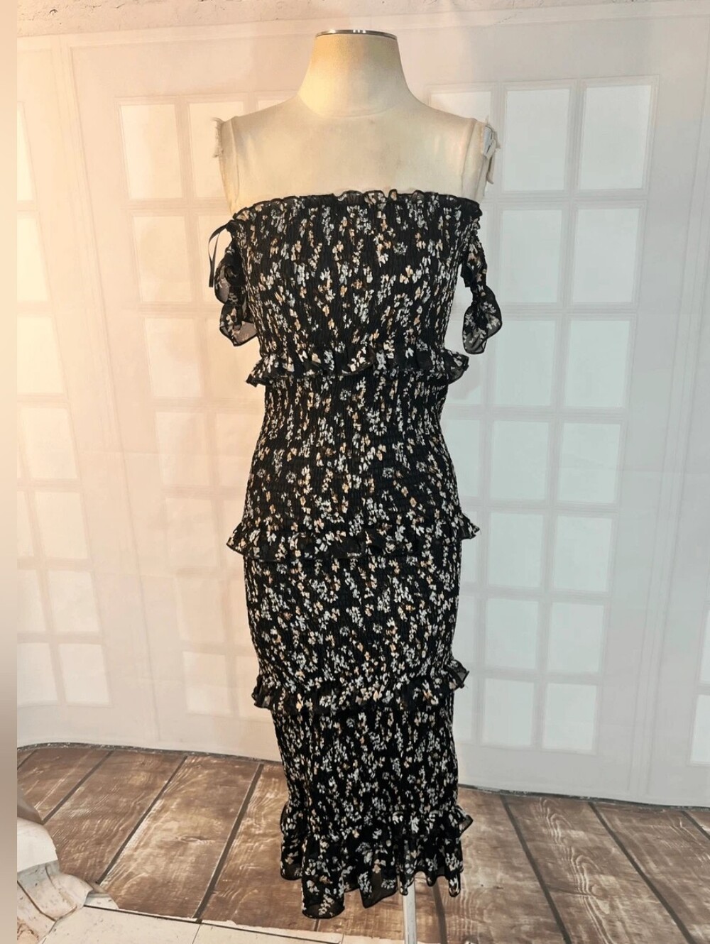 Black Floral Smocked Off-Shoulder Midi Dress